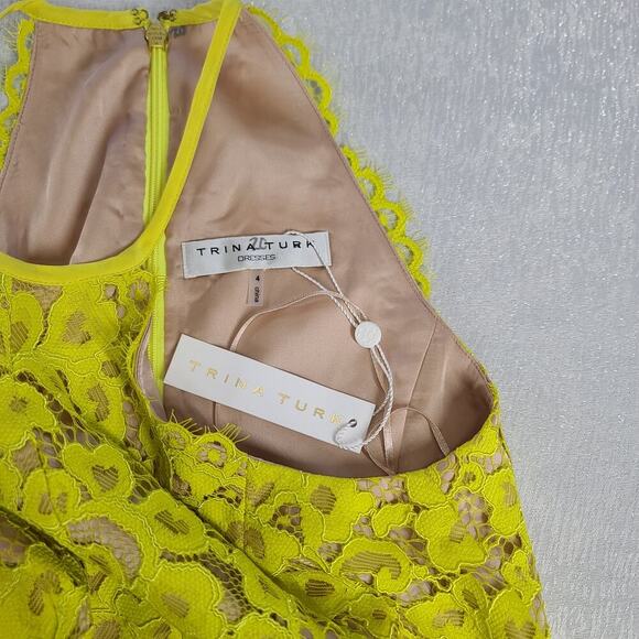 Trina Turk women's lace Neon yellow halter dress Size 4 Silk Garden Party Career - Picture 7 of 10